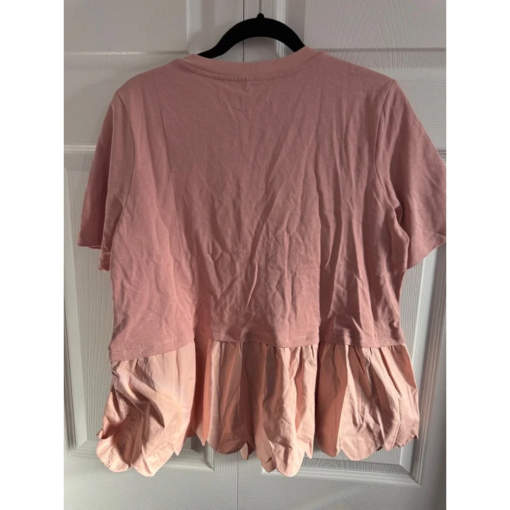 ENGLISH FACTORY Pink Scallop Trim Peplum Top Short Sleeve Crew Neck Women Size S - Picture 6 of 7